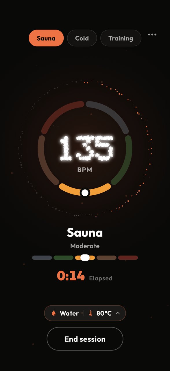 SaunaMind live sauna session showing heart rate and effort zone