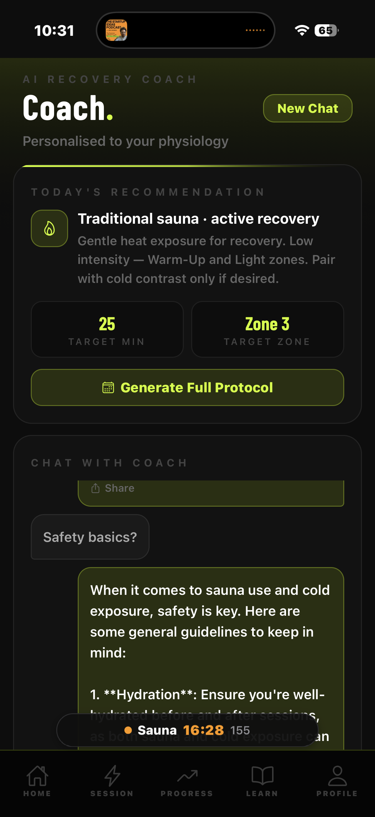 SaunaMind V2 recovery coach screen