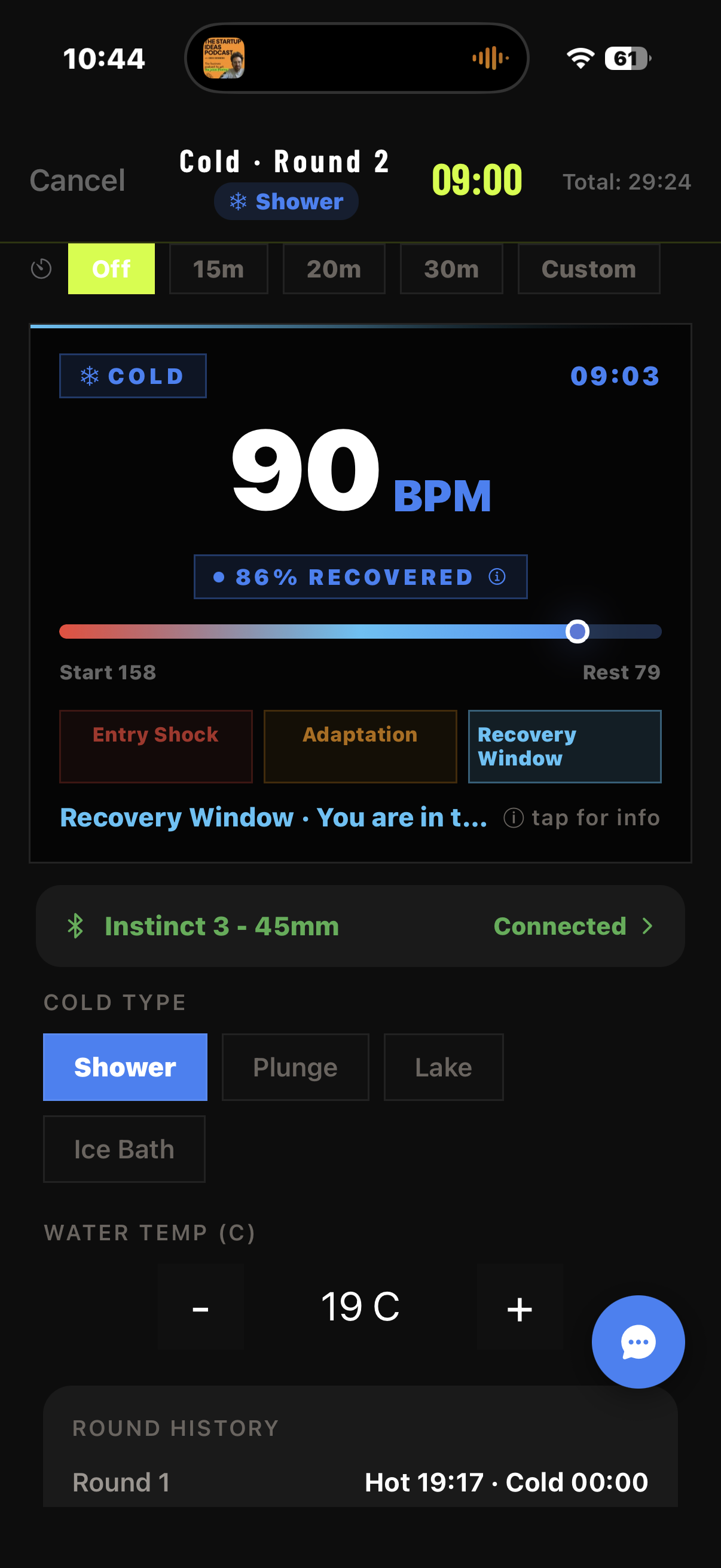 SaunaMind cold recovery screen at 90 BPM and 86 percent recovered