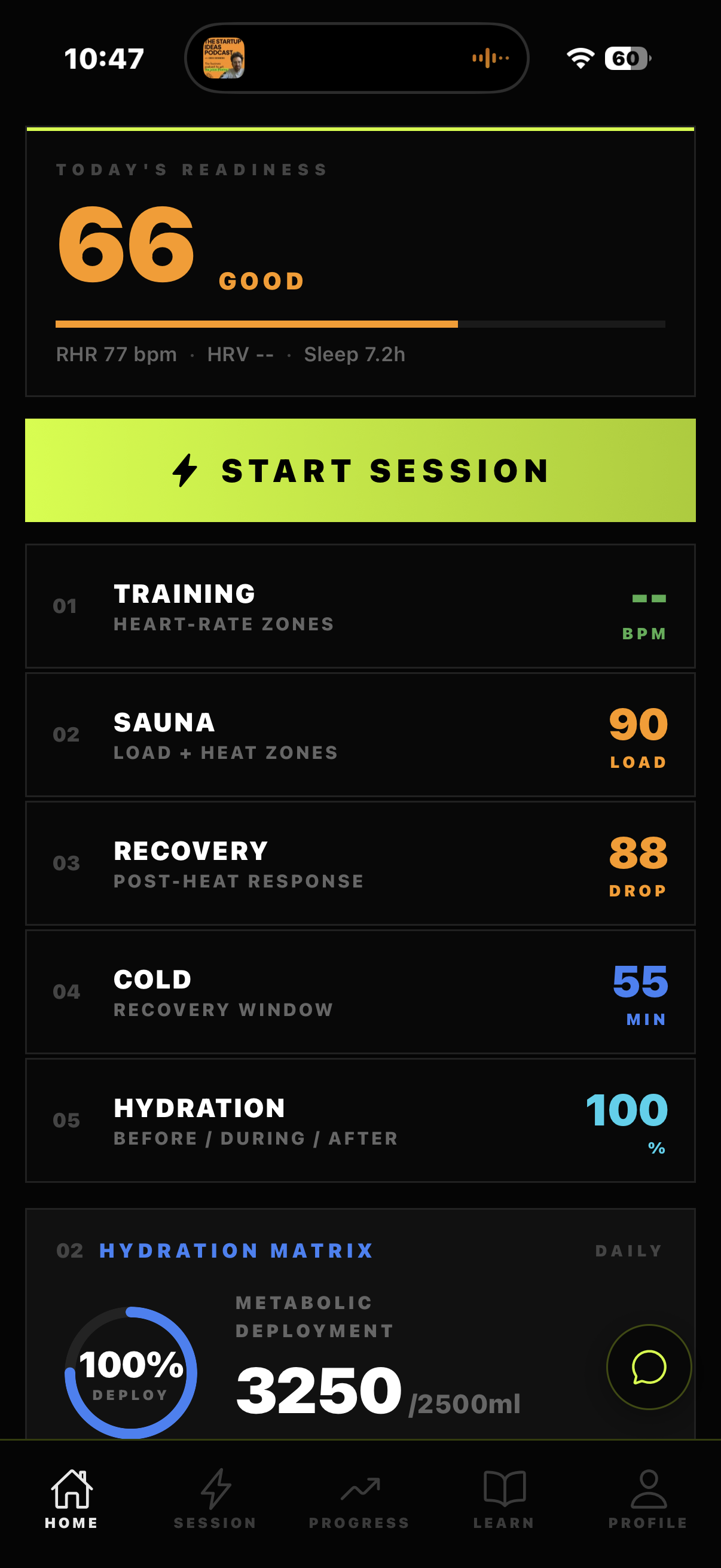 SaunaMind V2 live sauna screen